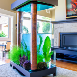 create a stunning big rectangle fish tank sitting on a large stand in a modern middle class family room