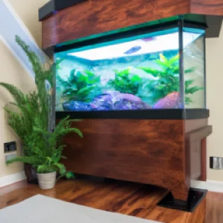create a stunning big rectangle fish tank sitting on a large stand in a modern middle class family room