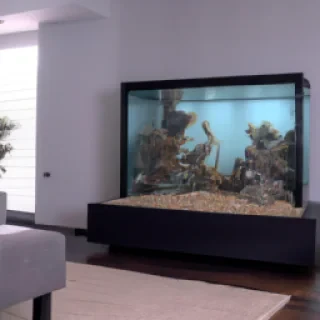 create a stunning big rectangle fish tank sitting on a large stand in a modern middle class family room, picture should be 4k,