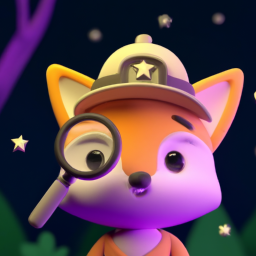 A cute, friendly, curious anthropomorphic creature (like a fox or an owl) wearing a small explorer's hat, holding a magnifying glass and a twinkling star, against a soft, magical forest background. 3D render, cartoon style, kids animation, vibrant colors, 1:1 aspect ratio, clean, simple.